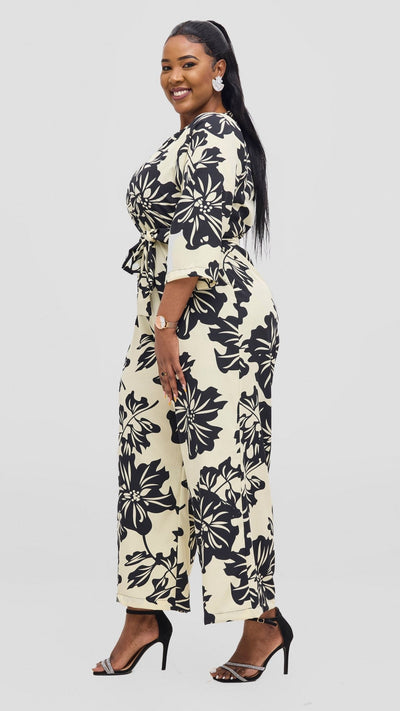Vivo Diella V - Neck Jumpsuit - Cream / Black Print - Shopzetu