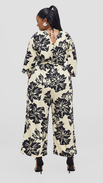 Vivo Diella V - Neck Jumpsuit - Cream / Black Print - Shopzetu