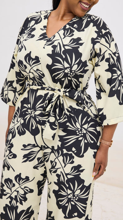 Vivo Diella V - Neck Jumpsuit - Cream / Black Print - Shopzetu
