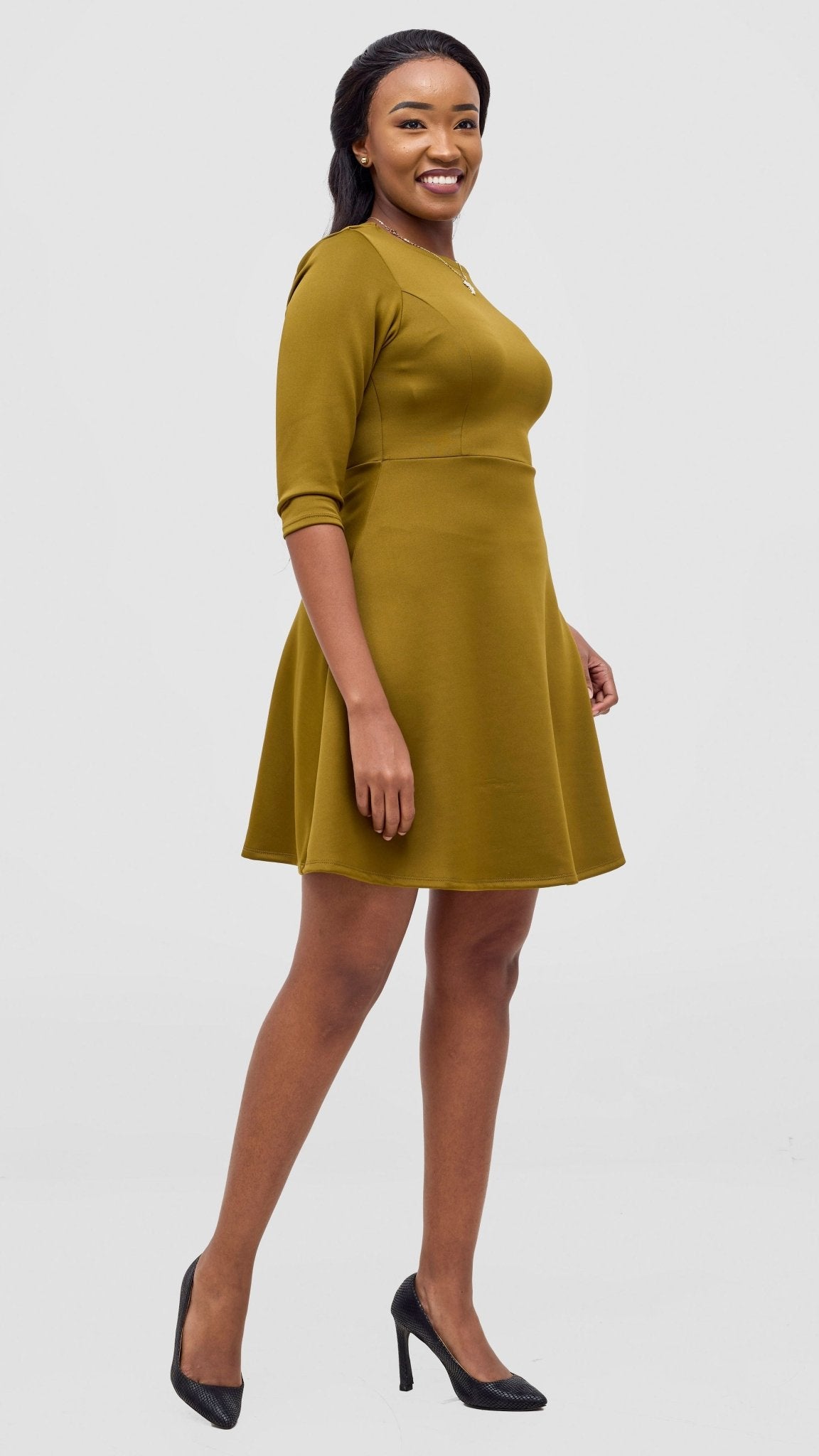 Vivo Diella 3/4 Sleeve A - Line Dress - Dark Olive - Shopzetu