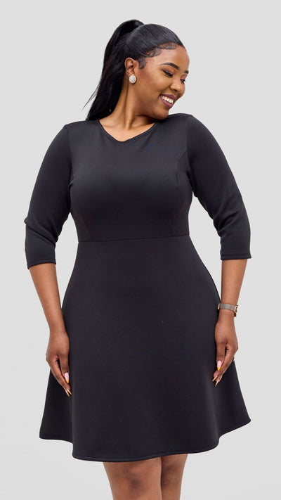 Vivo Diella 3/4 Sleeve A - Line Dress - Black - Shopzetu