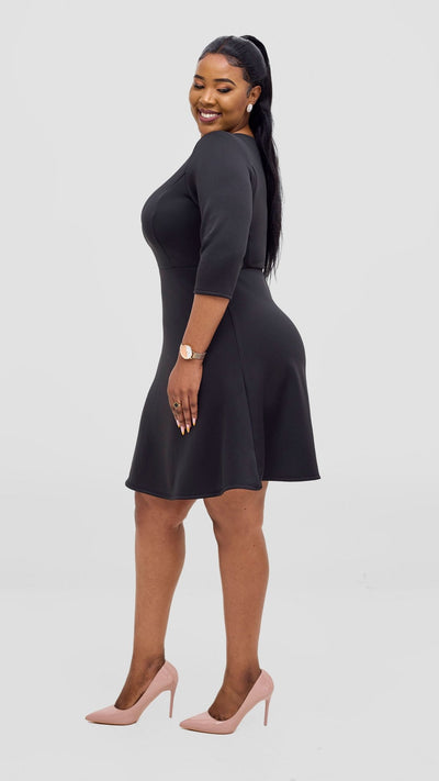 Vivo Diella 3/4 Sleeve A - Line Dress - Black - Shopzetu