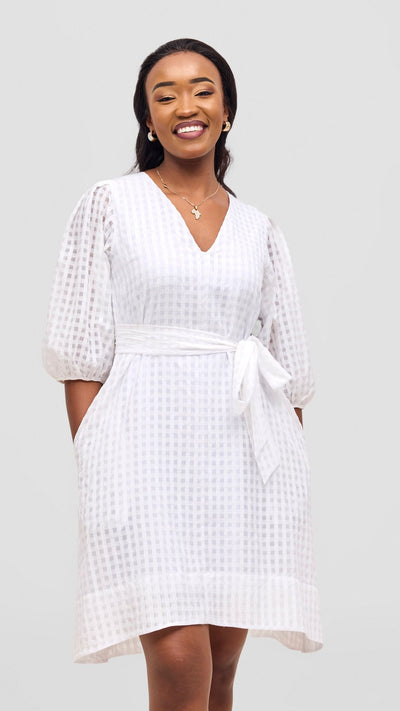 Vivo Alani High Low Dress - White Checkered Print - Shopzetu