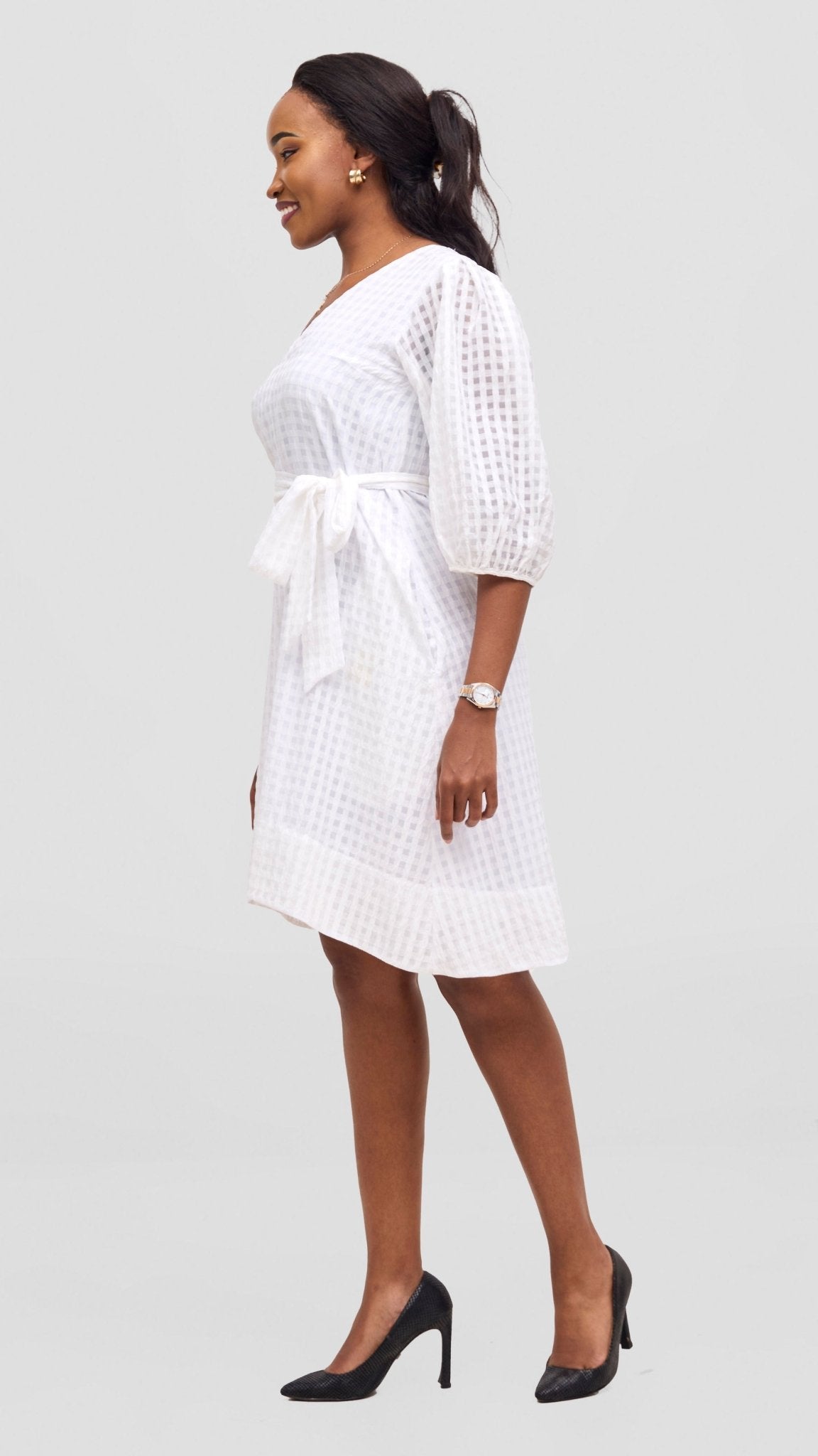 Vivo Alani High Low Dress - White Checkered Print - Shopzetu