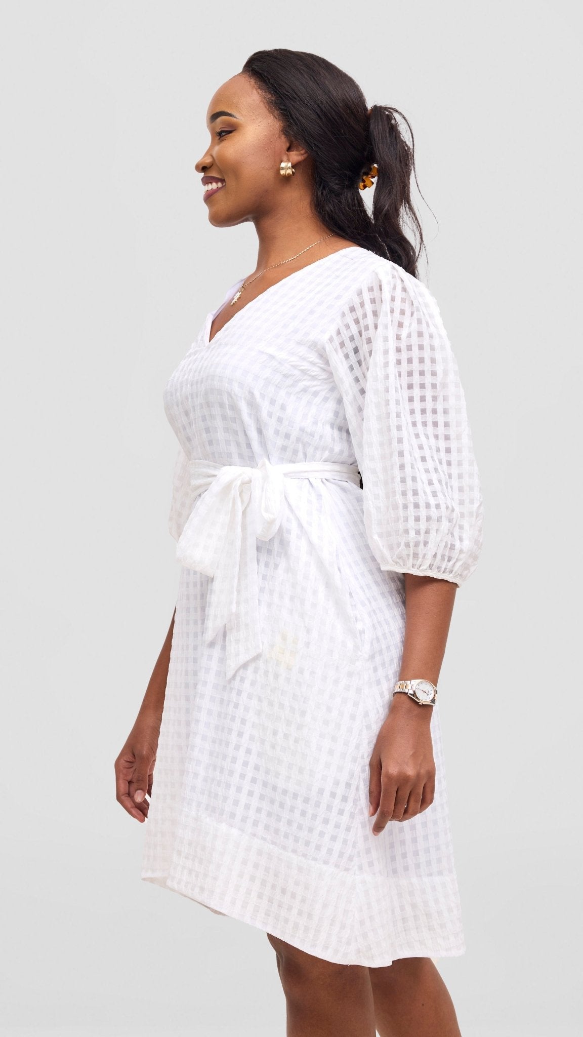 Vivo Alani High Low Dress - White Checkered Print - Shopzetu