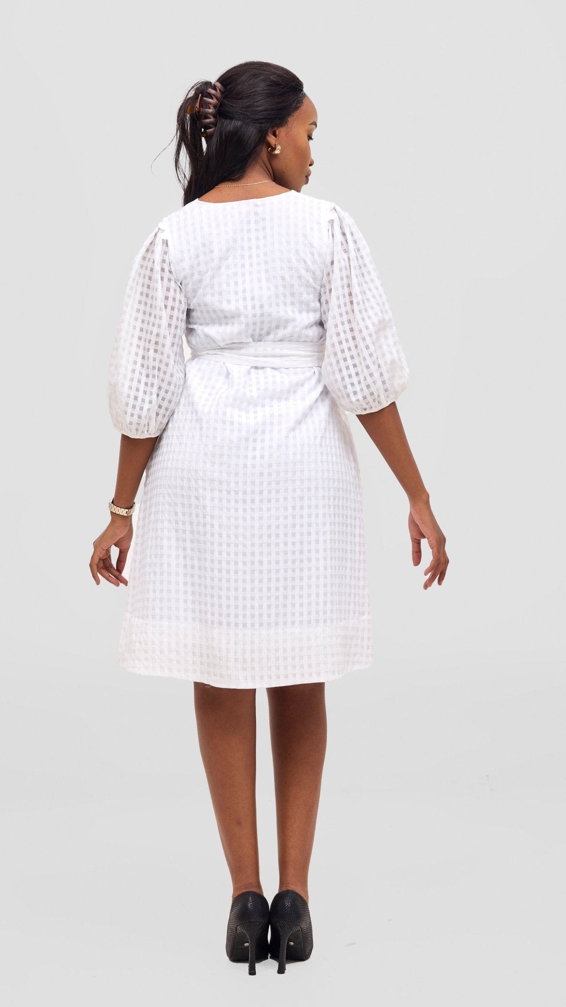Vivo Alani High Low Dress - White Checkered Print - Shopzetu