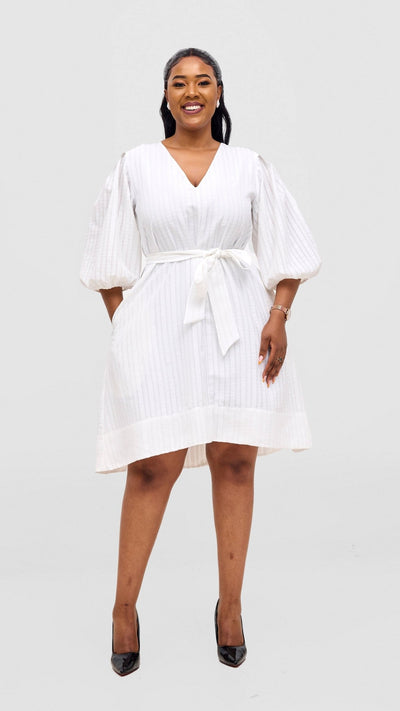 Vivo Alani High Low Dress - White Stripes Print - Shopzetu
