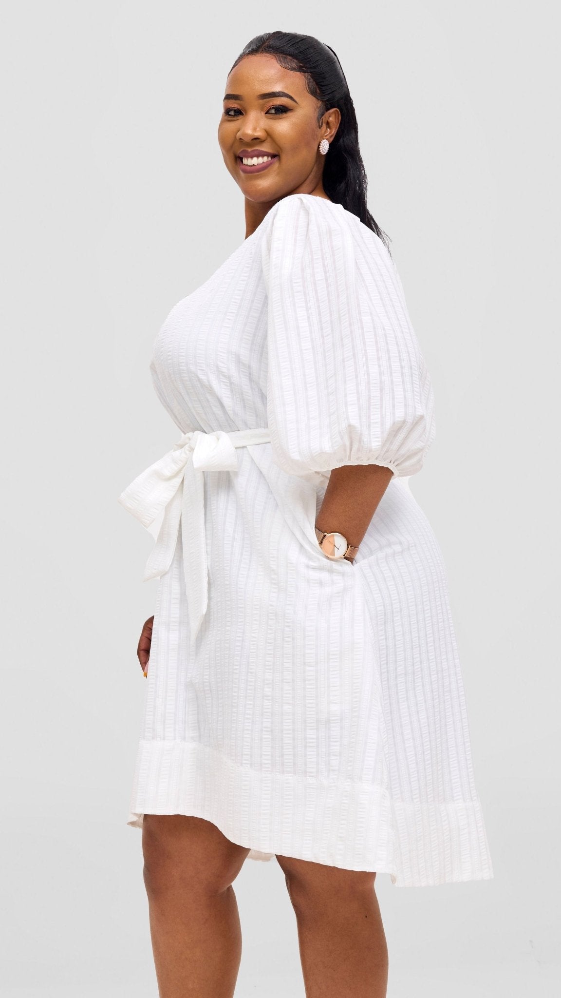 Vivo Alani High Low Dress - White Stripes Print - Shopzetu
