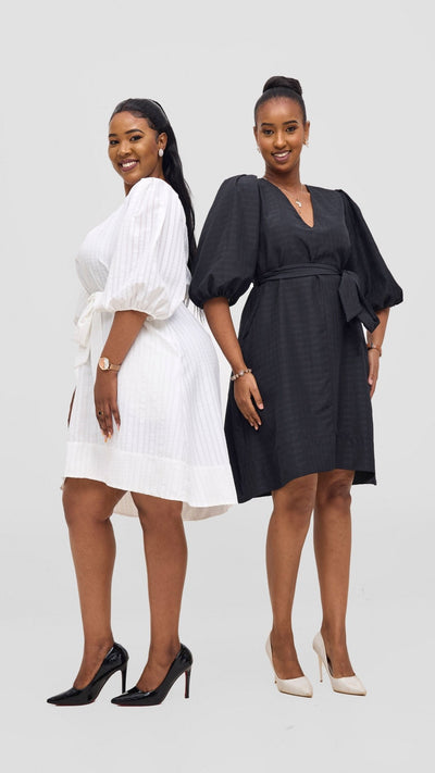 Vivo Alani High Low Dress - White Stripes Print - Shopzetu