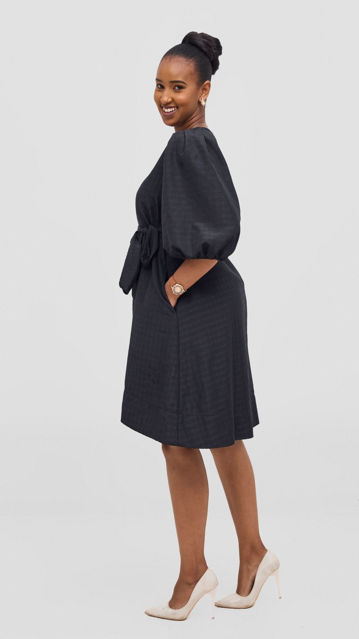 Vivo Alani High Low Dress - Black Stripes Print - Shopzetu