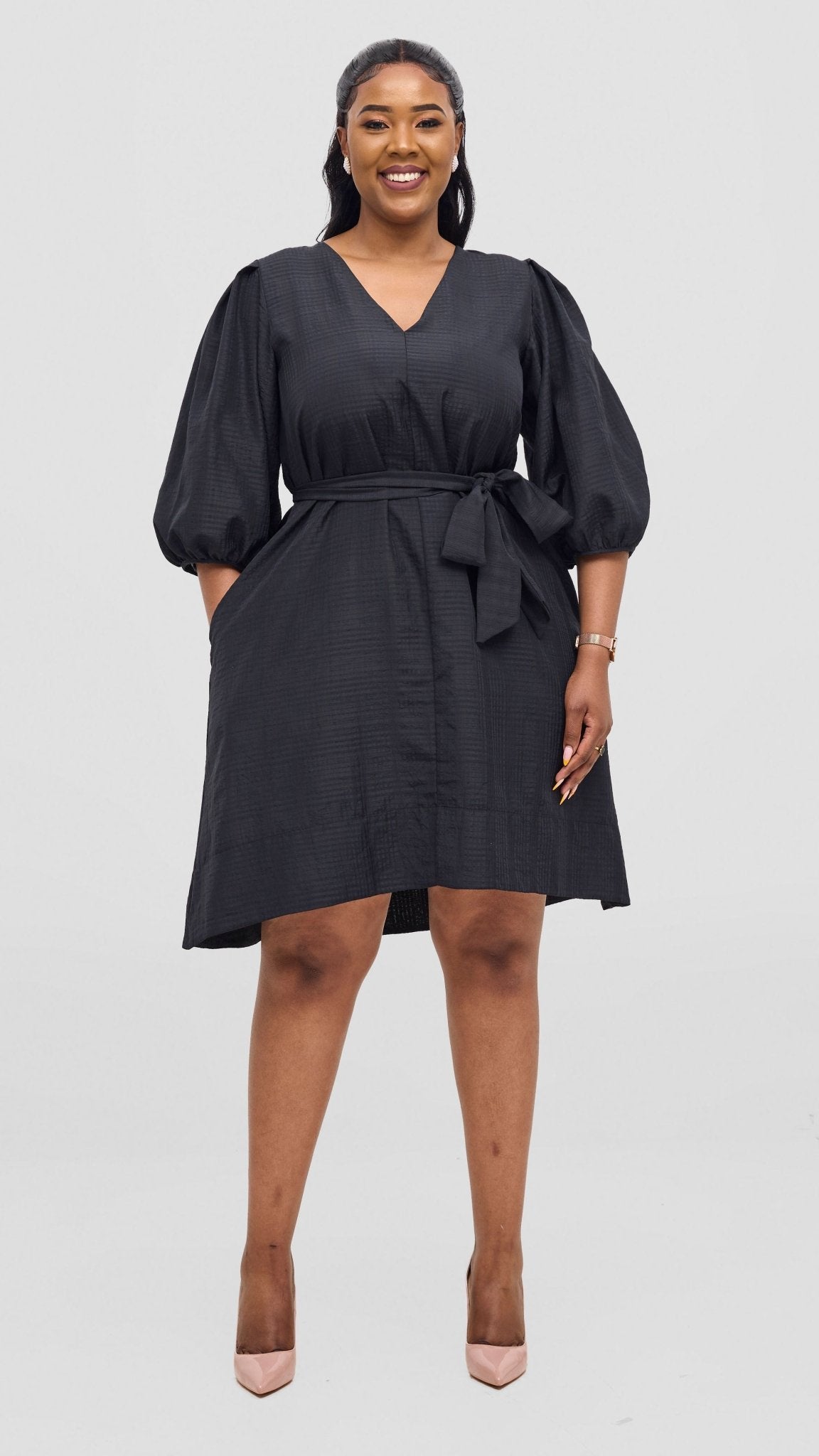 Vivo Alani High Low Dress - Black Textured Print - Shopzetu
