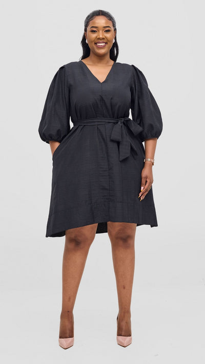 Vivo Alani High Low Dress - Black Textured Print - Shopzetu