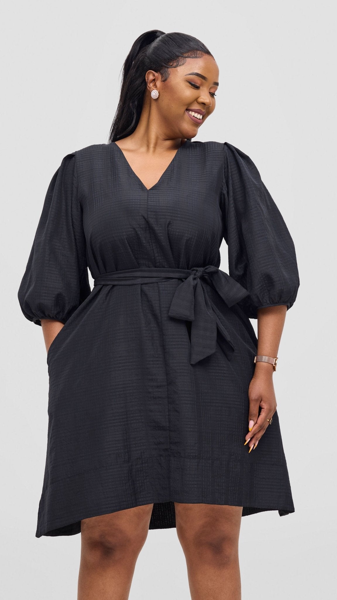 Vivo Alani High Low Dress - Black Textured Print - Shopzetu