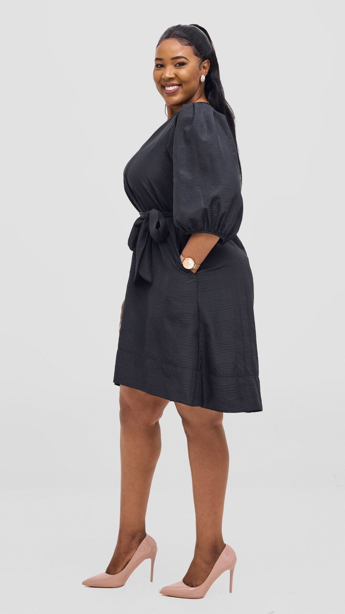 Vivo Alani High Low Dress - Black Textured Print - Shopzetu