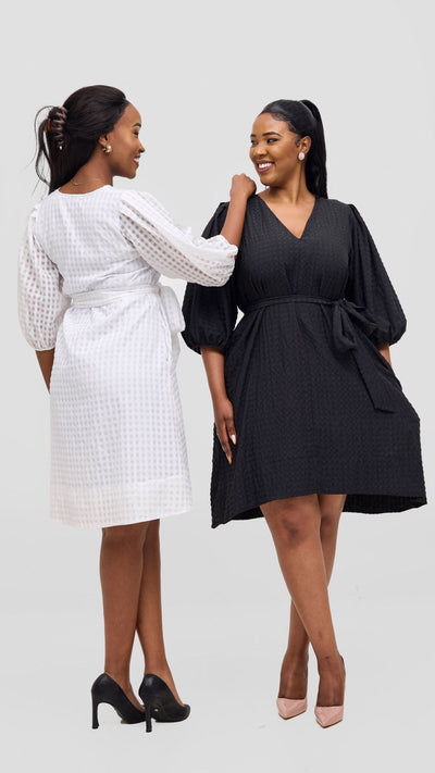 Vivo Alani High Low Dress - Black Textured Print - Shopzetu