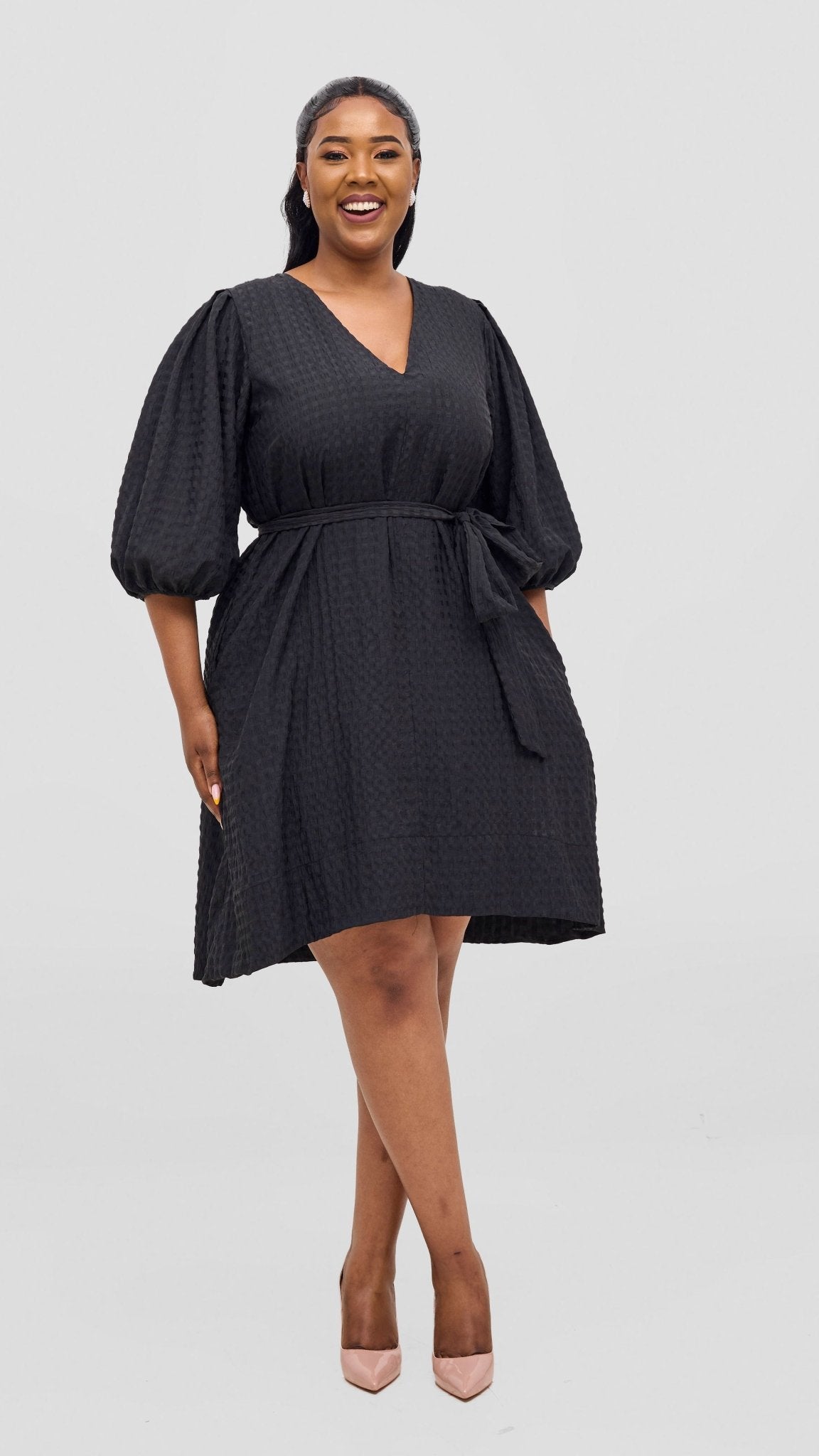 Vivo Alani High Low Dress - Black Checkered Print - Shopzetu