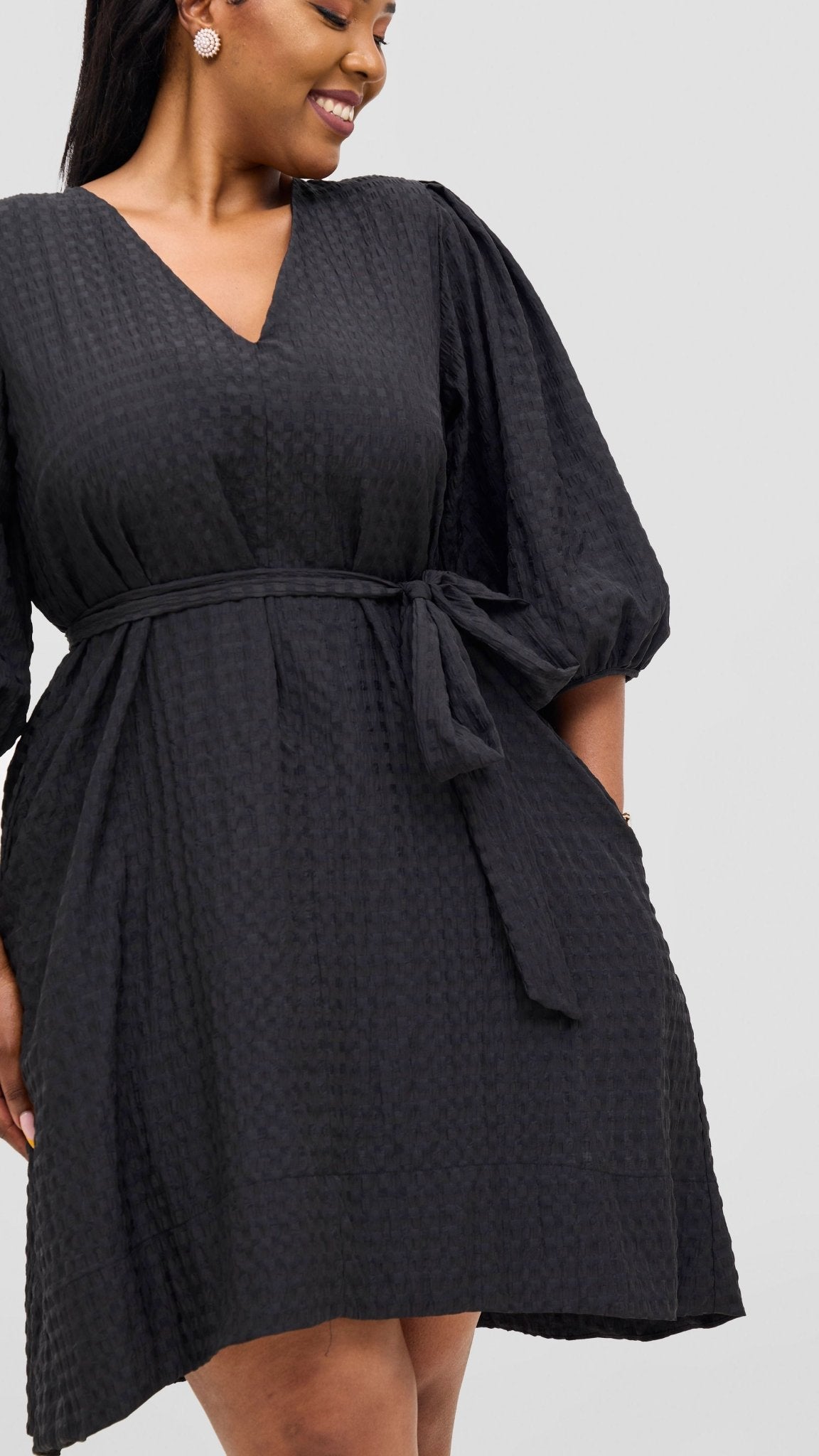 Vivo Alani High Low Dress - Black Checkered Print - Shopzetu