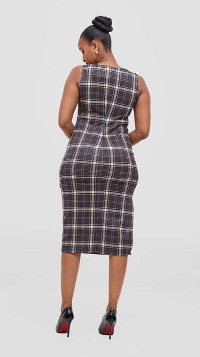 Vivo Alani Plaid Midi Dress - Black / Tan Plaid - Shopzetu