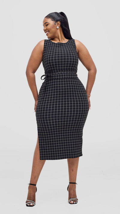 Vivo Alani Boat Neck Midi Dress - Black Checkered Print - Shopzetu