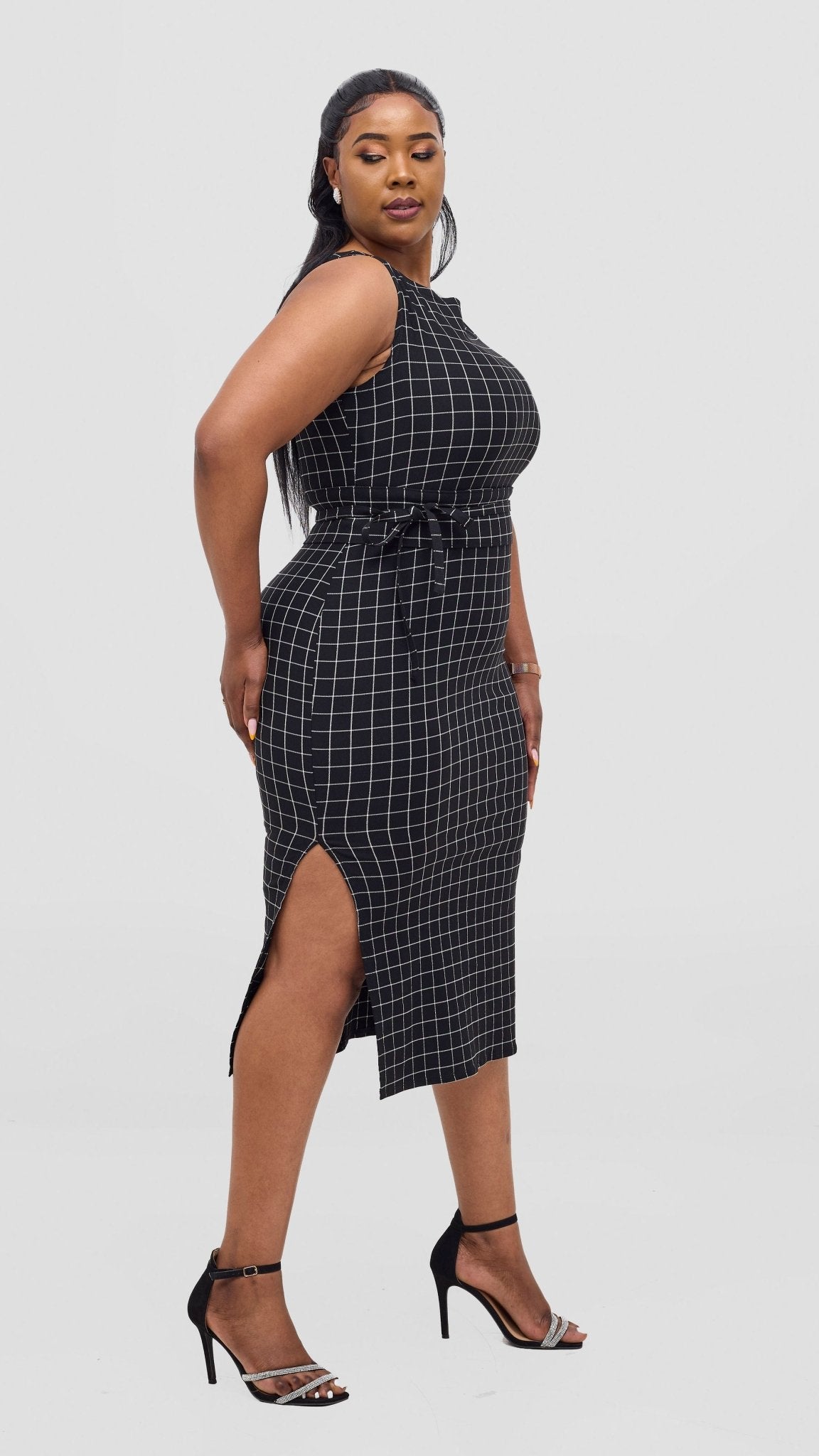 Vivo Alani Boat Neck Midi Dress - Black Checkered Print - Shopzetu