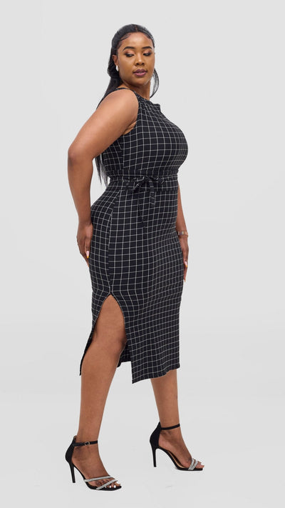 Vivo Alani Boat Neck Midi Dress - Black Checkered Print - Shopzetu