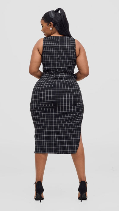 Vivo Alani Boat Neck Midi Dress - Black Checkered Print - Shopzetu