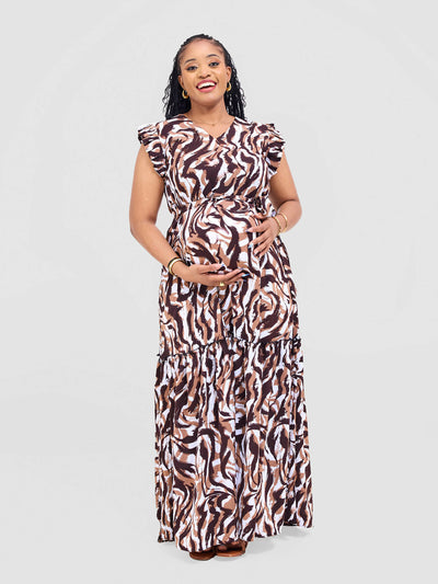 Anel's Knitwear Dress - White / Brown Print - Shopzetu