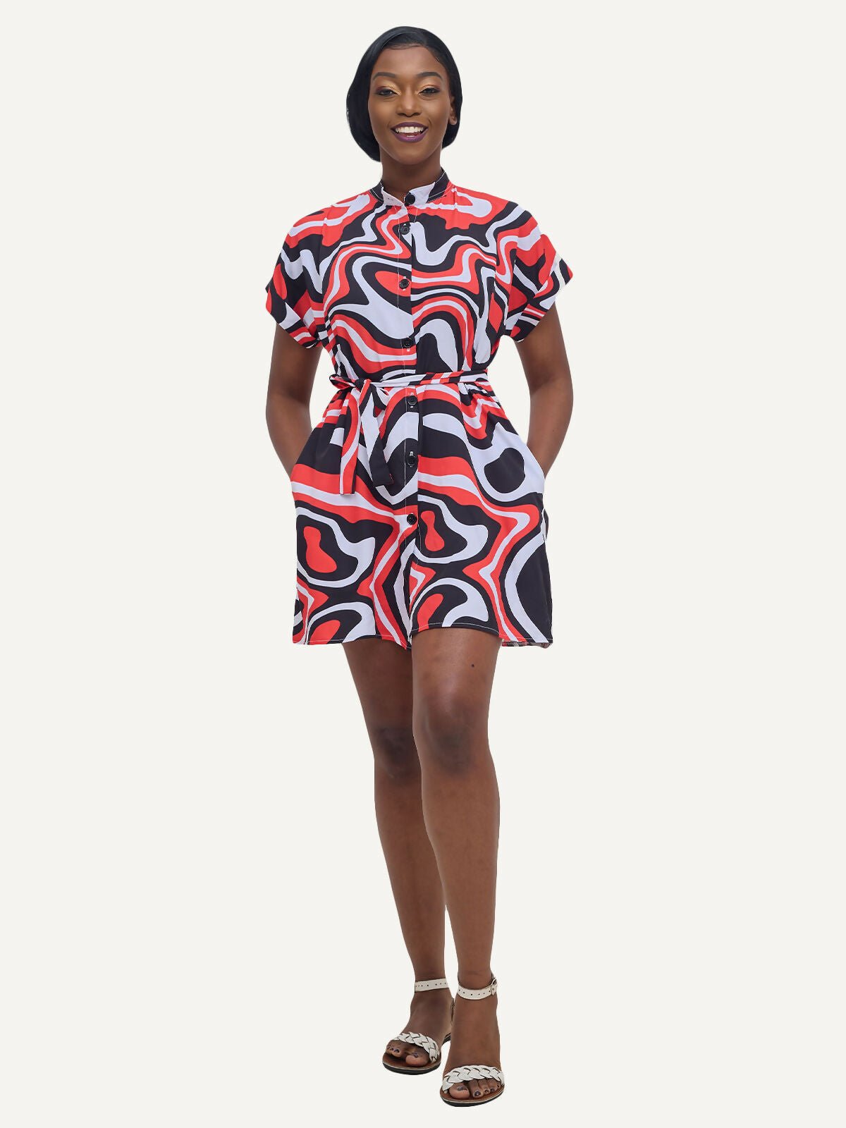 Kitu Kali Ladies Shirt Dress - Cream / Red Wave - Shopzetu