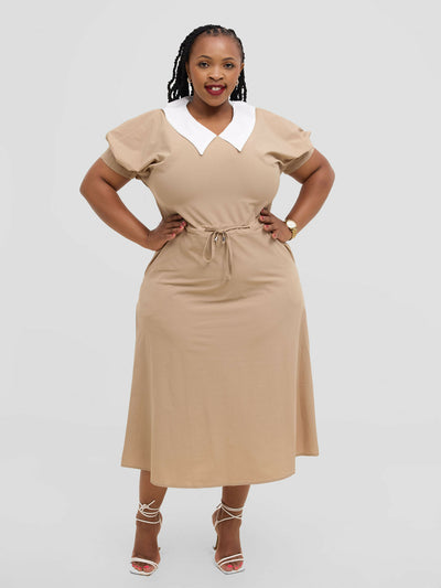Hessed Peter Pan Collar Drawstring Midi Dress - Beige - Shopzetu