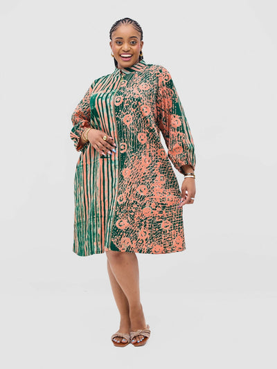 Vivid Afrikana Zinduka Zipper Dress - Green / Peach - Shopzetu