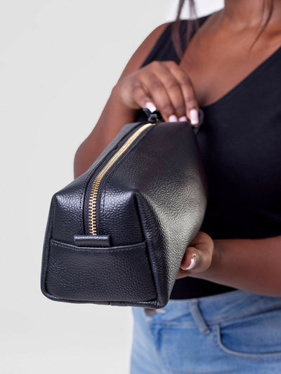 Eden Leather Toiletry Bag - Black Hippo Print