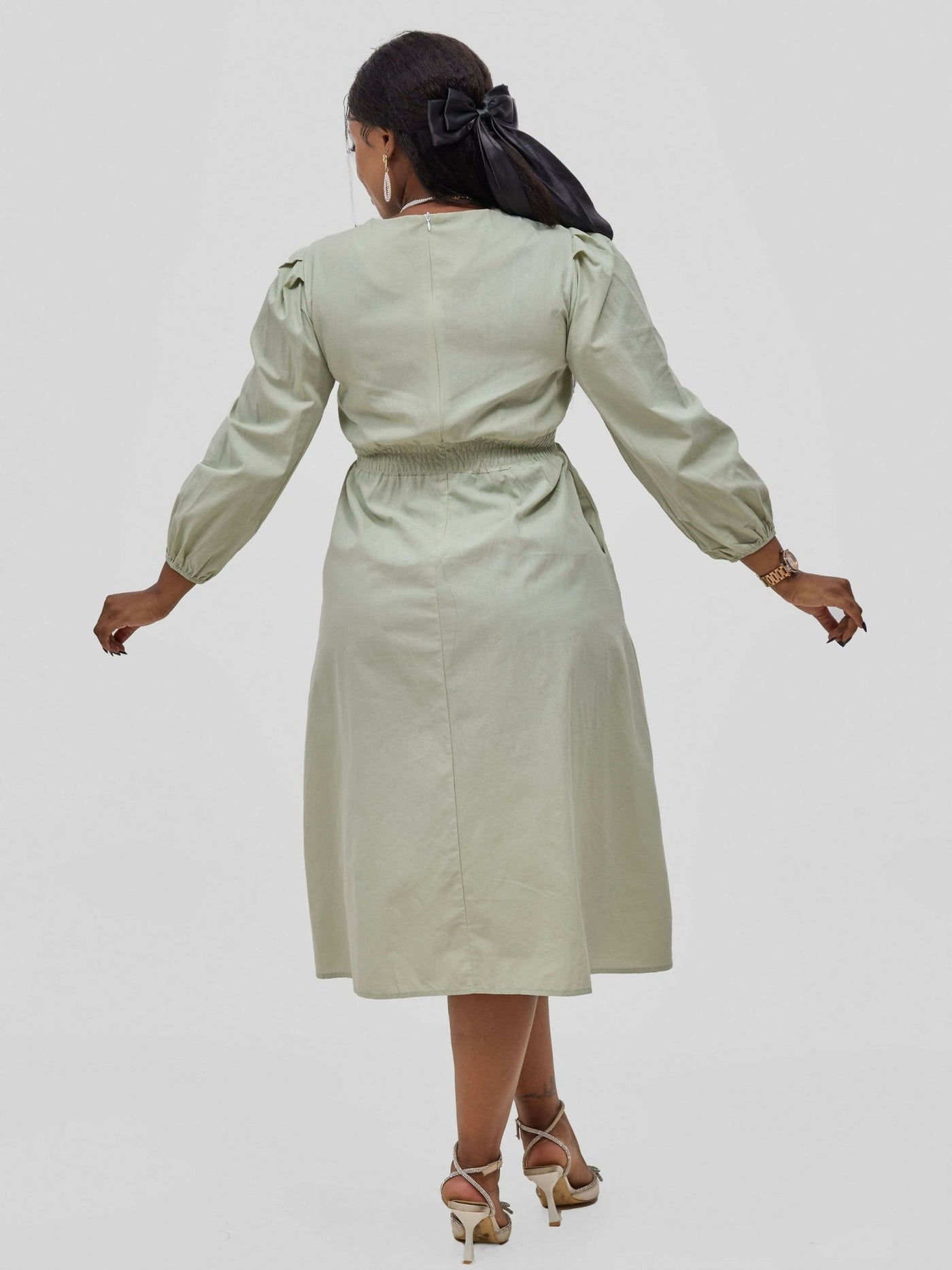 Hessed Round Neck Aline Long Sleeved Dress - Green - Shopzetu