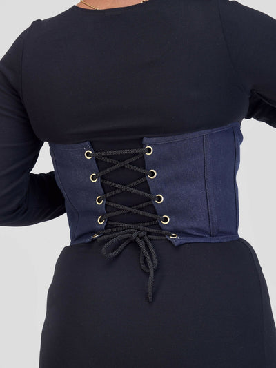 Misstical Denim Belt Under Bust Lace Up Boning Corset Top - Navy Blue - Shopzetu