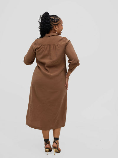 Hessed Long Sleeved Down Buttoned Dress - Brown - Shopzetu