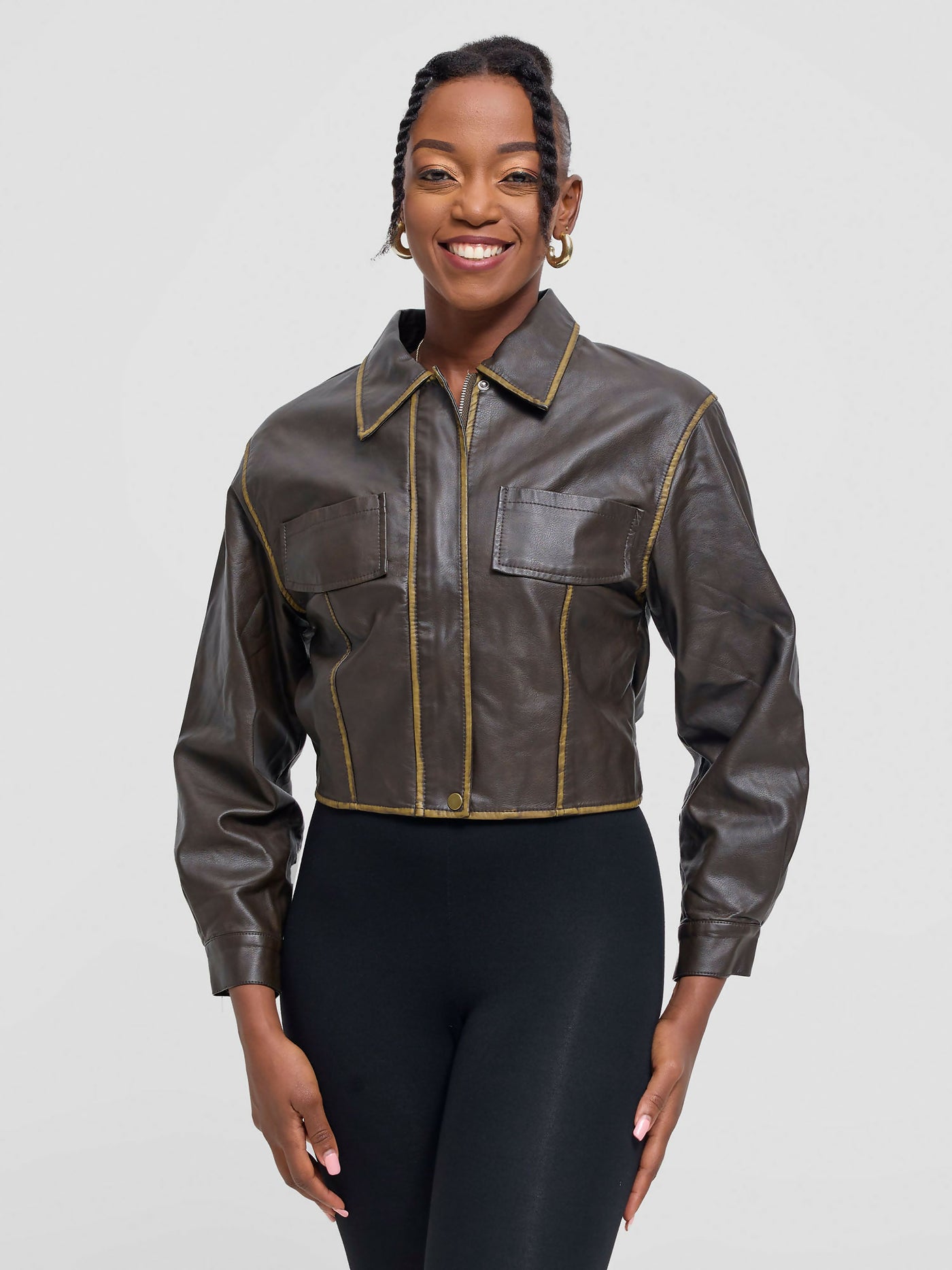 Stylish Sisters Leather Jacket - Dark Brown - Shopzetu