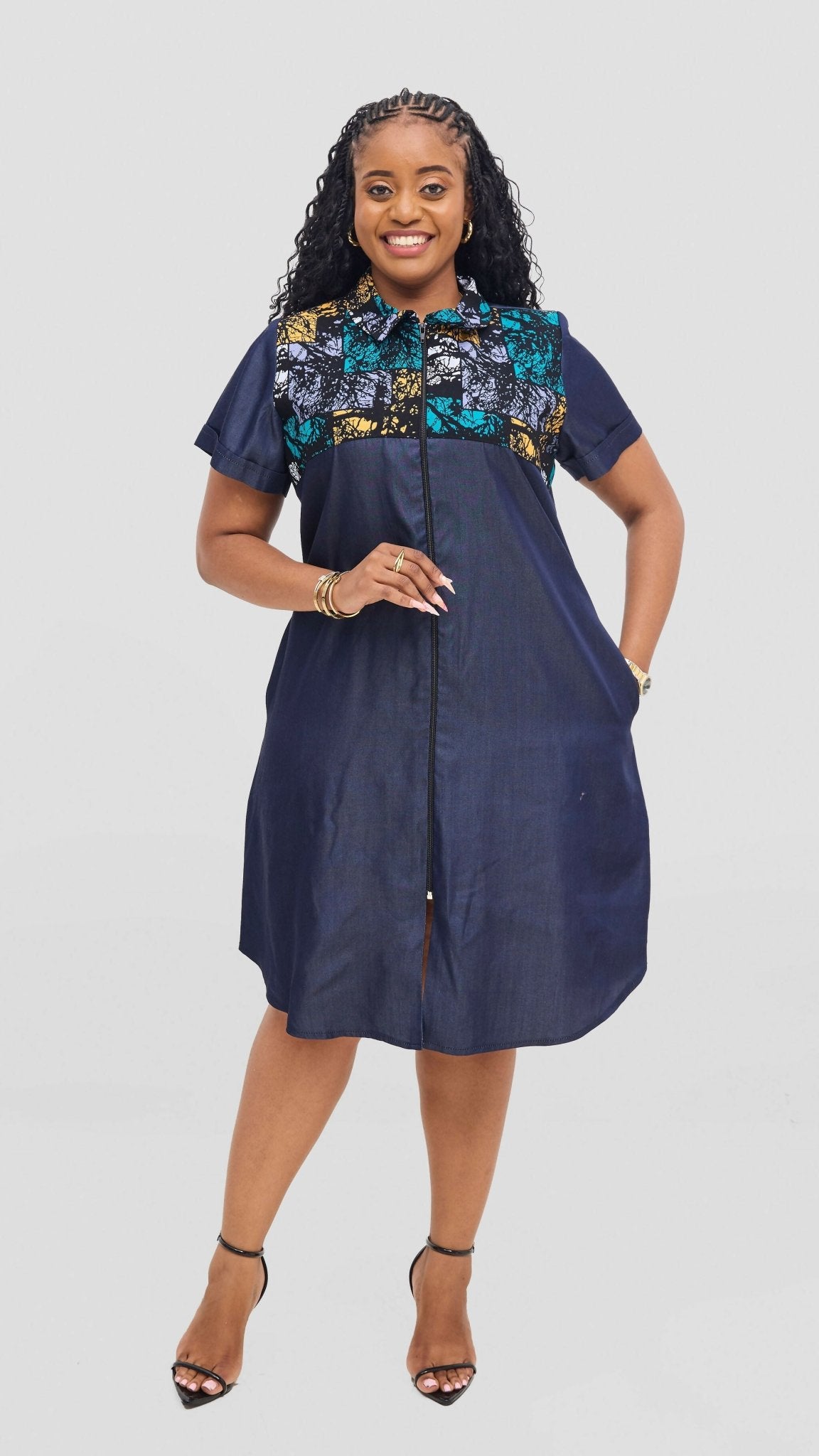 Jolly Fancy Wear Denim Shift Dress - Navy Blue - Shopzetu