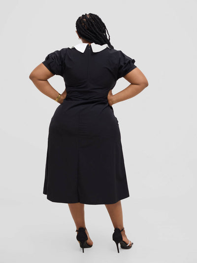 Hessed Peter Pan Collar Drawstring Dress - Black - Shopzetu