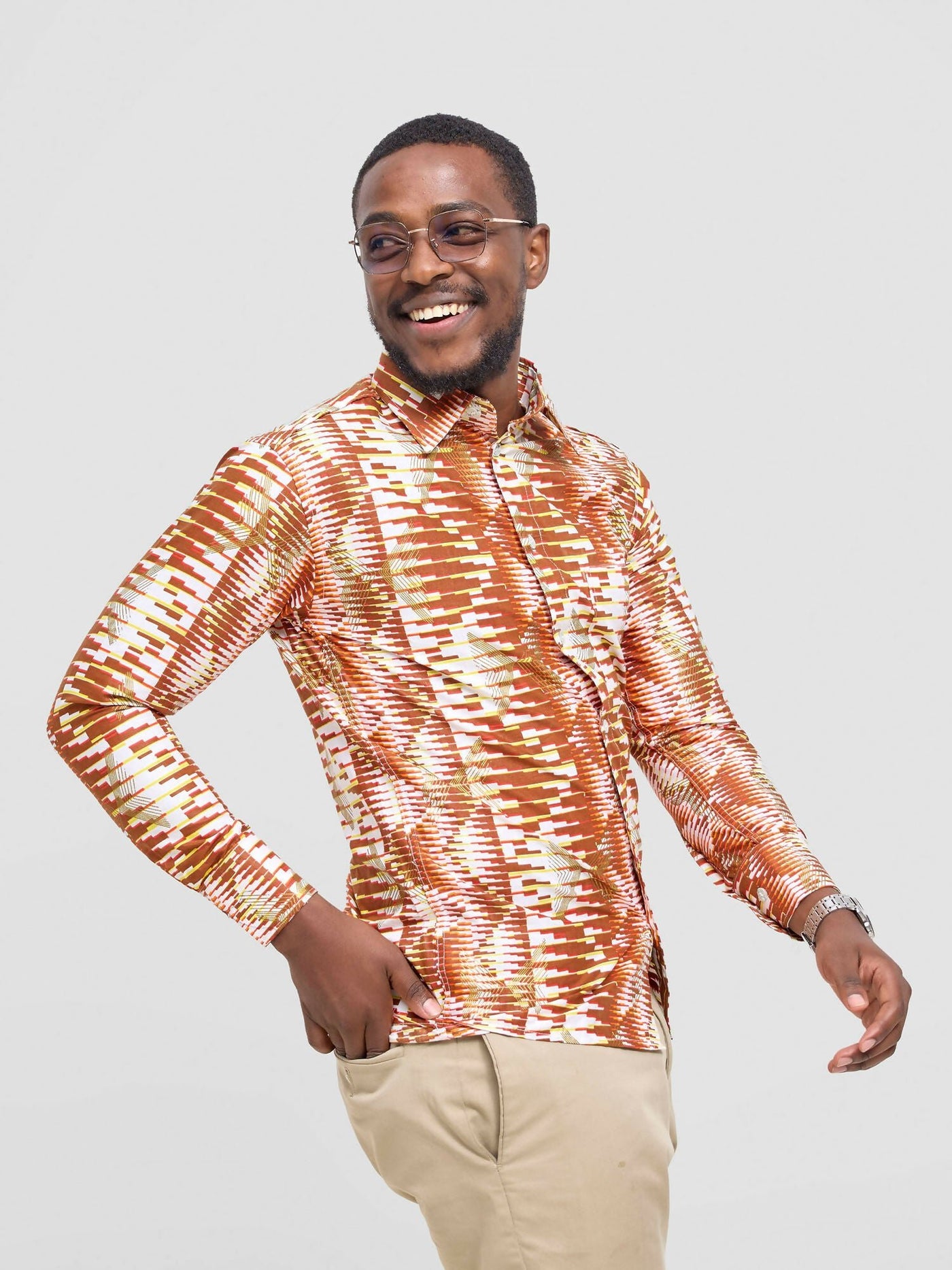 Mendilines Warm African Shirt - Brown / Orange Print - Shopzetu