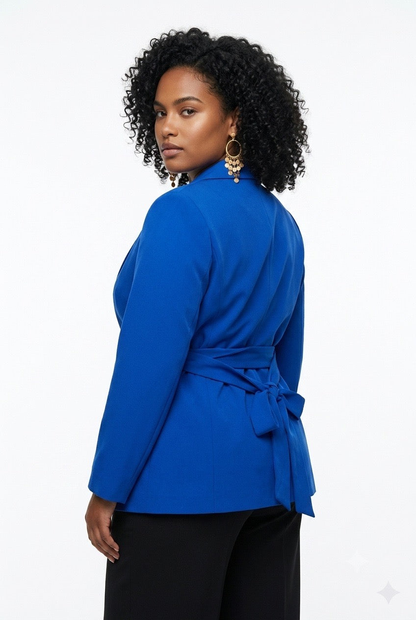 Stylish Sisters Shawl-Collar Belted Tailored Tuxedo Blazer - Royal Blue
