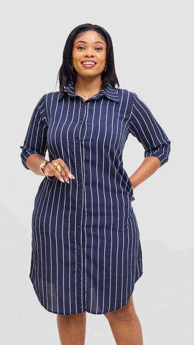 Salok Havilah Waini Shirt Dress - Navy Blue Stripes - Shopzetu