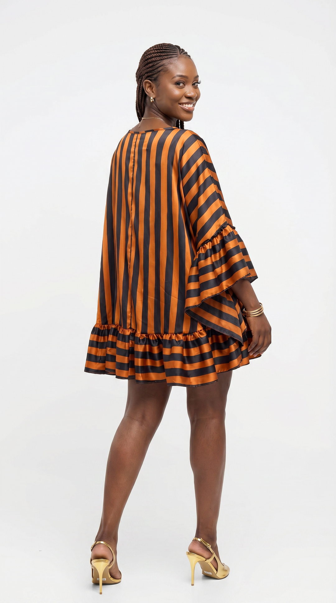 Vivo Chidii Tunic Dress With Frills in Satin - Rust / Black Print
