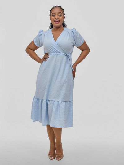 Hessed V - Neck Short Sleeved Wrap Dress - Blue - Shopzetu