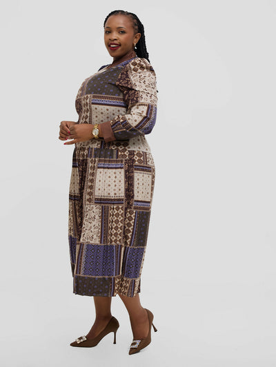 Hessed Floral Long Sleeve Pleated Dress - Brown - Shopzetu