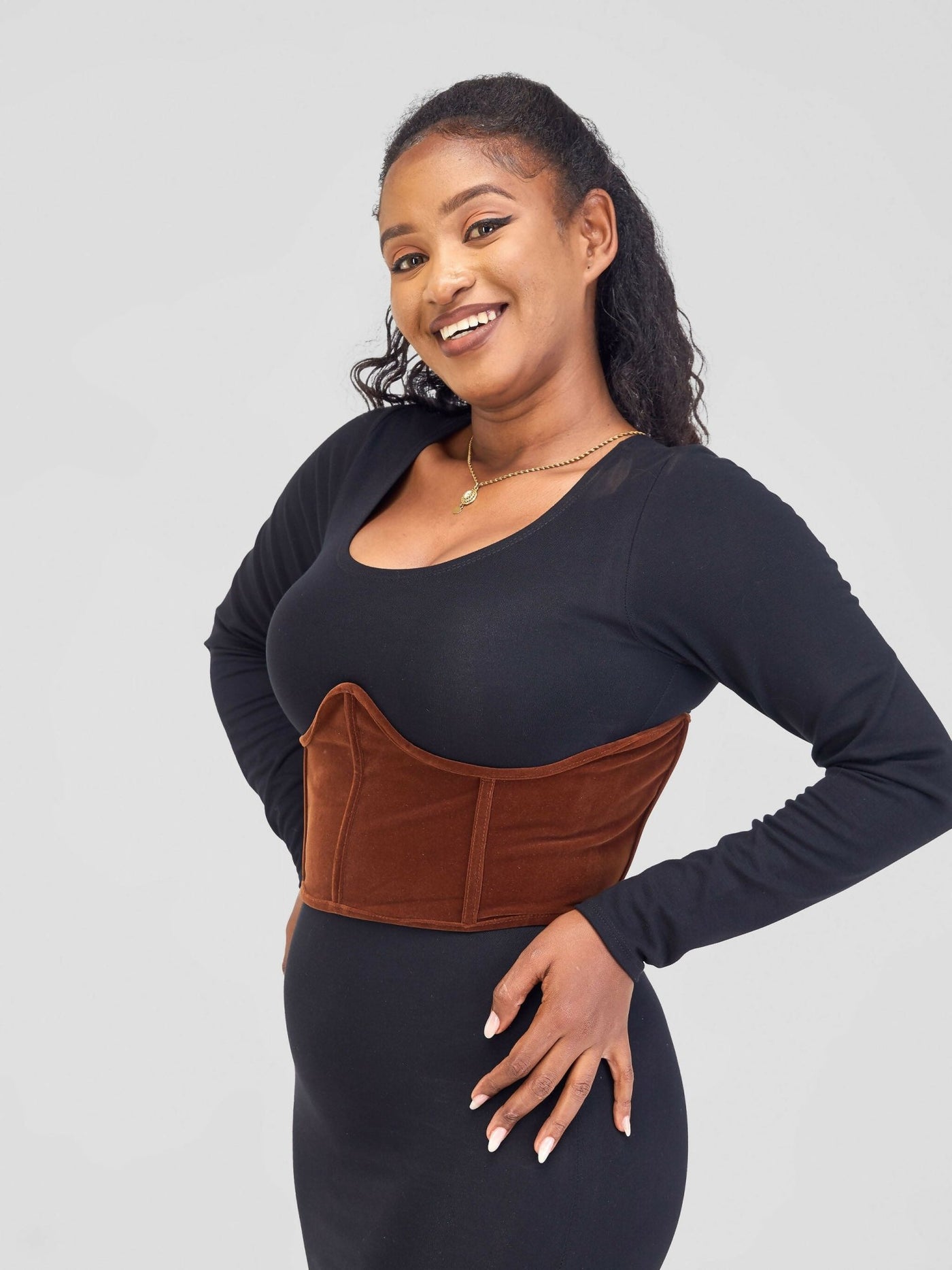 Misstcal Belt Under Bust Velvet Backless Lace Up Boning Corset Top - Brown - Shopzetu