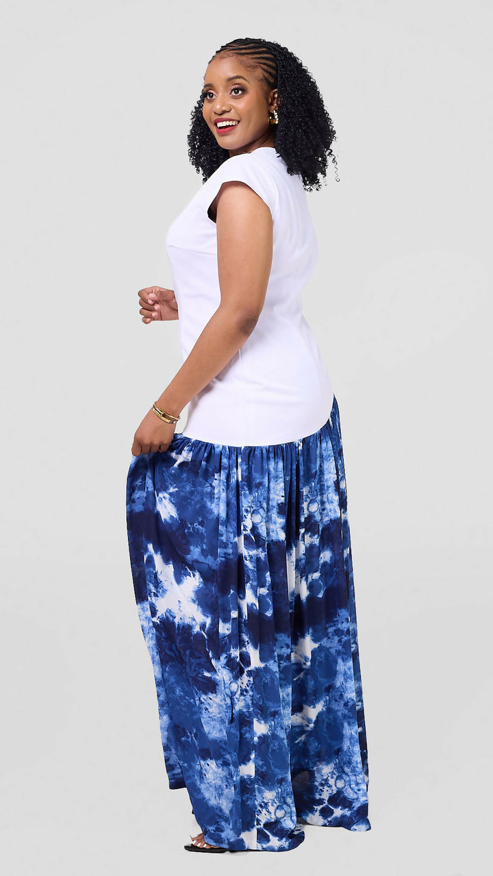 Pure Buxom Asymmetric Dropped Waist Gather Dress – Blue