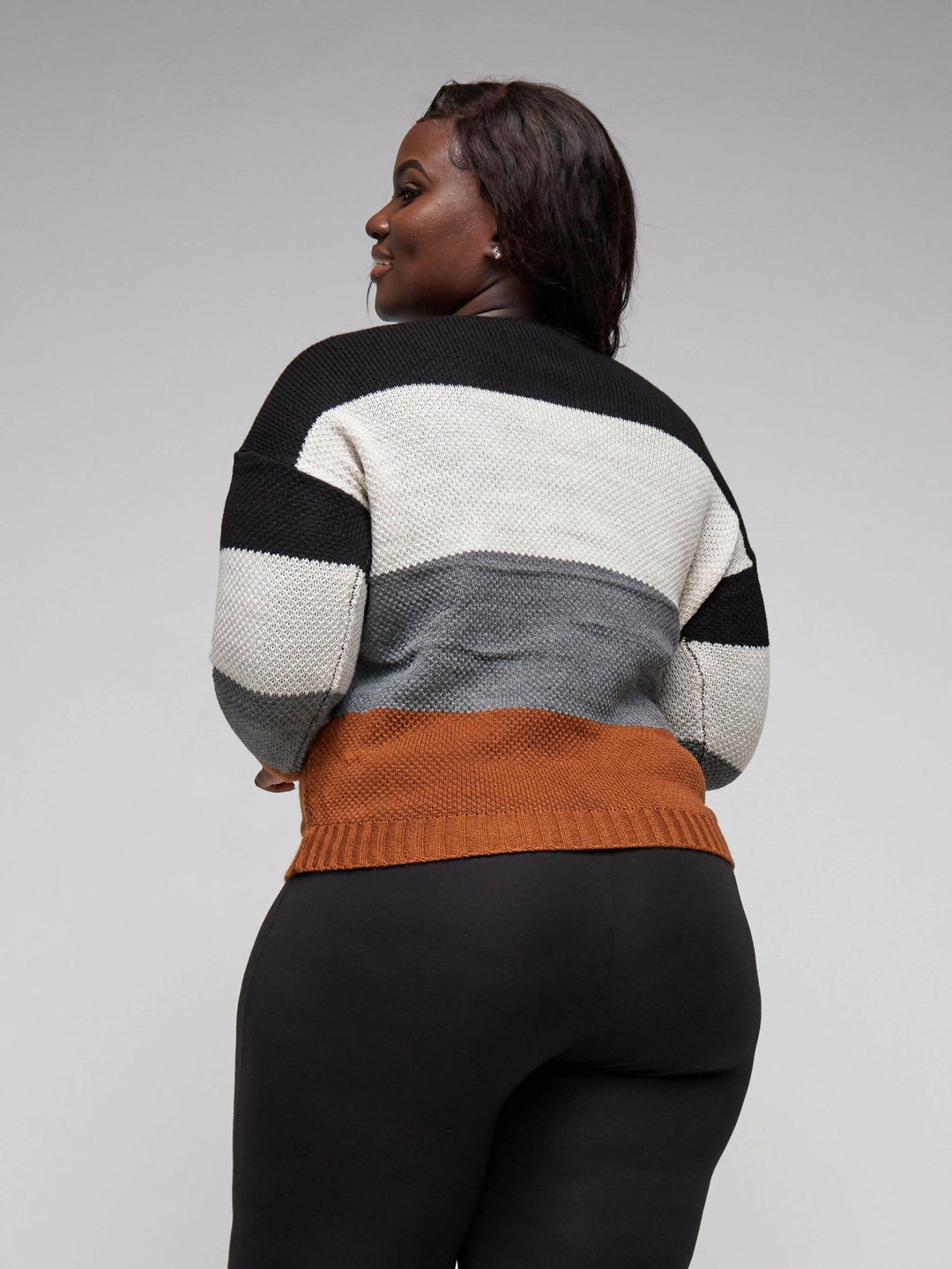 The Fashion Frenzy Round Neck Pullover Sweater - Brown Colour Block - Shopzetu