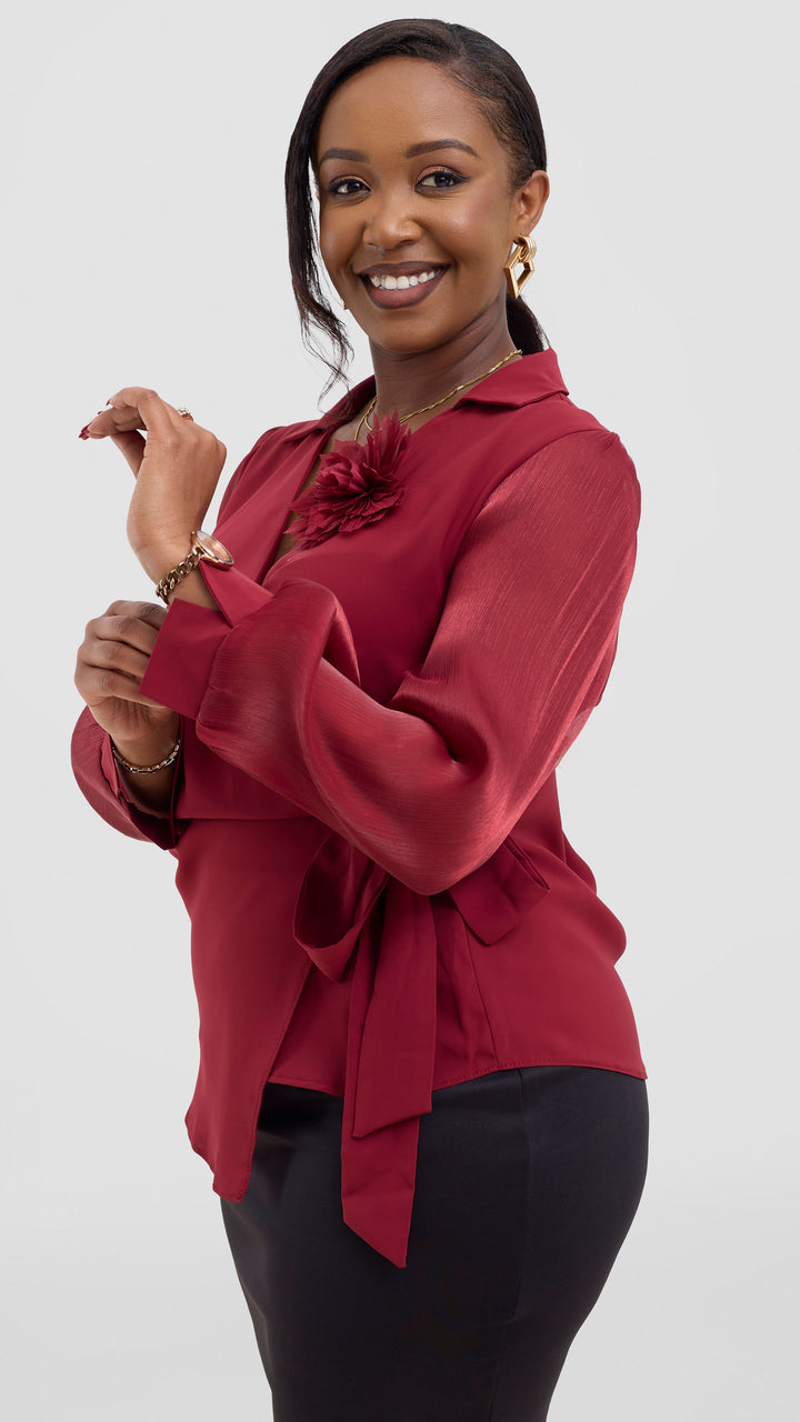 The Fashion Frenzy Wrap Blouse - Maroon