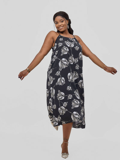 Hessed Flower Print Midi Sleeveless Dress - Black - Shopzetu