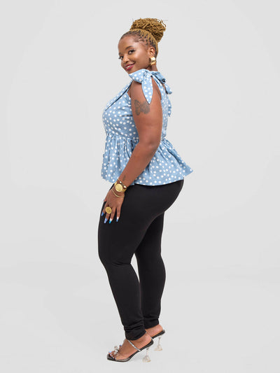 Pure Buxom Polka Tie Strap Peplum Top - Blue - Shopzetu