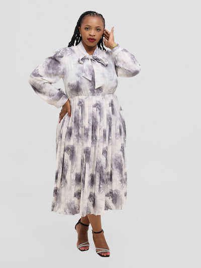 Hessed Tie Neck floral pleated Long Sleeve Dress - Black - Shopzetu